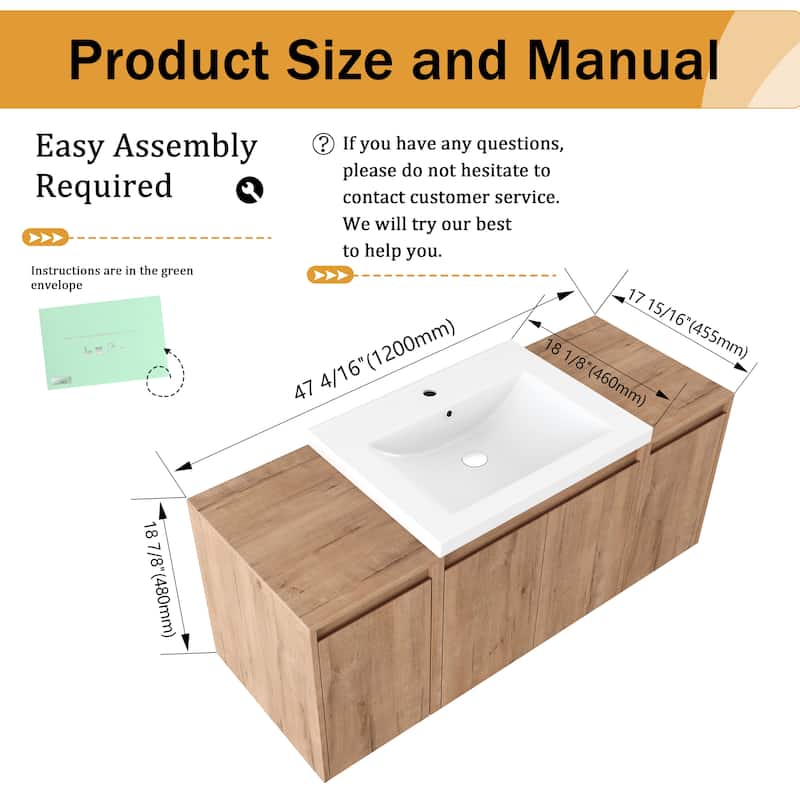 Malwee 36"/48"/60" Floating Bathroom Vanity,Wall Mounted Bathroom Vanity with Sink,Soft Close Door and Adjustable Shelf