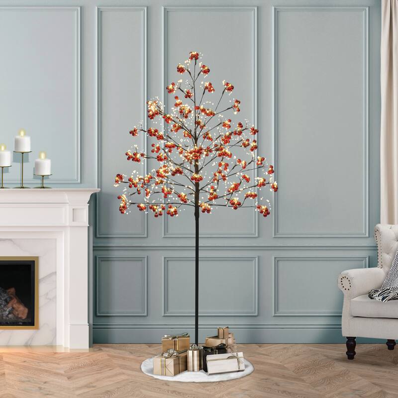 Puleo International 6' Pre-Lit Twig Tree with LED Warm White Lights and Red Ornaments