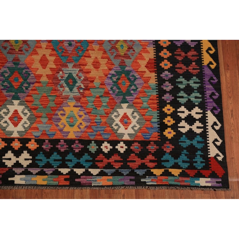 Geometric Kilim Area Rug Hand-Woven Wool Carpet - 8'8"x 11'8"