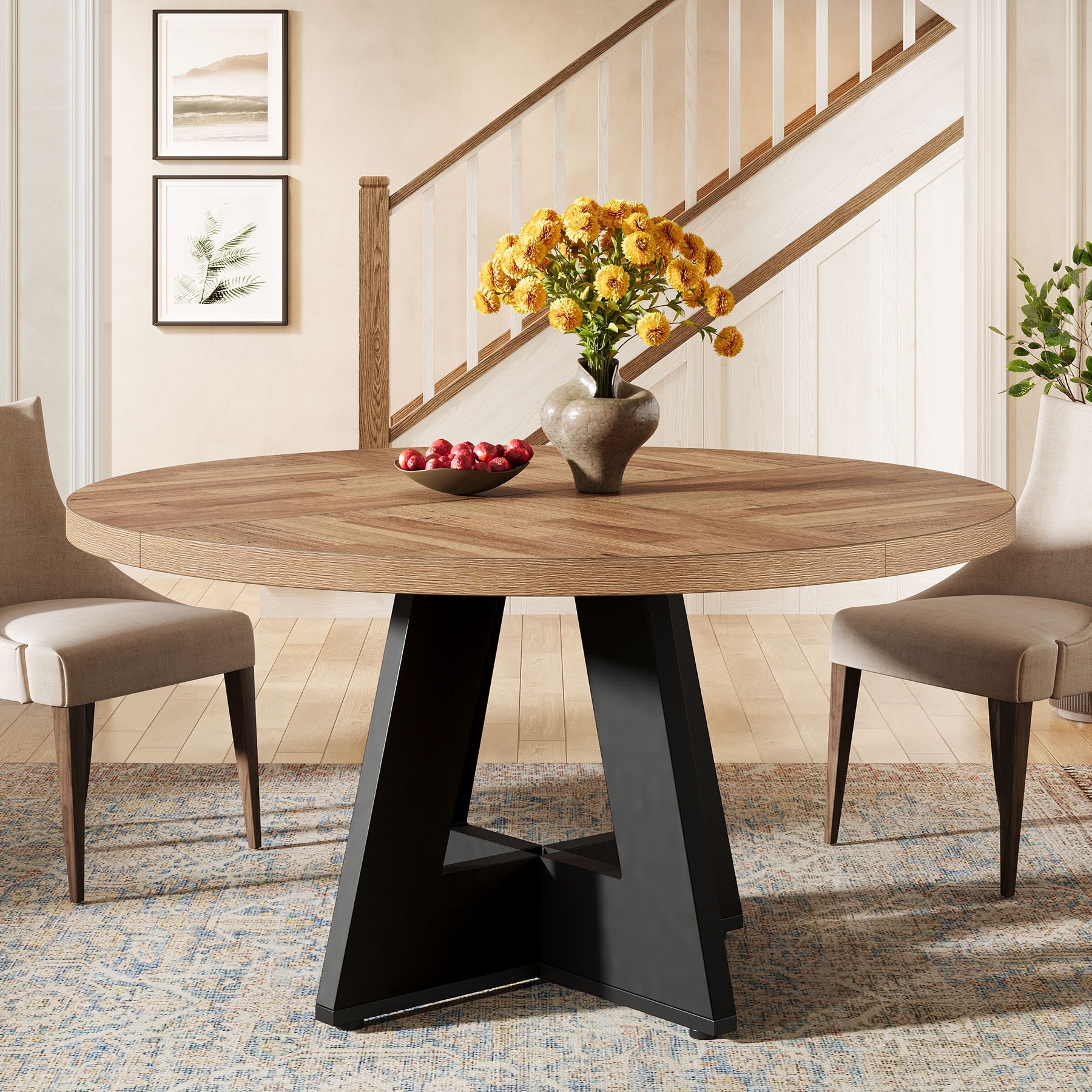 47" Round Wood Dining Table 4-Seater Farmhouse with Wooden Tabletop Cross Base for Dining Room/Kitchen