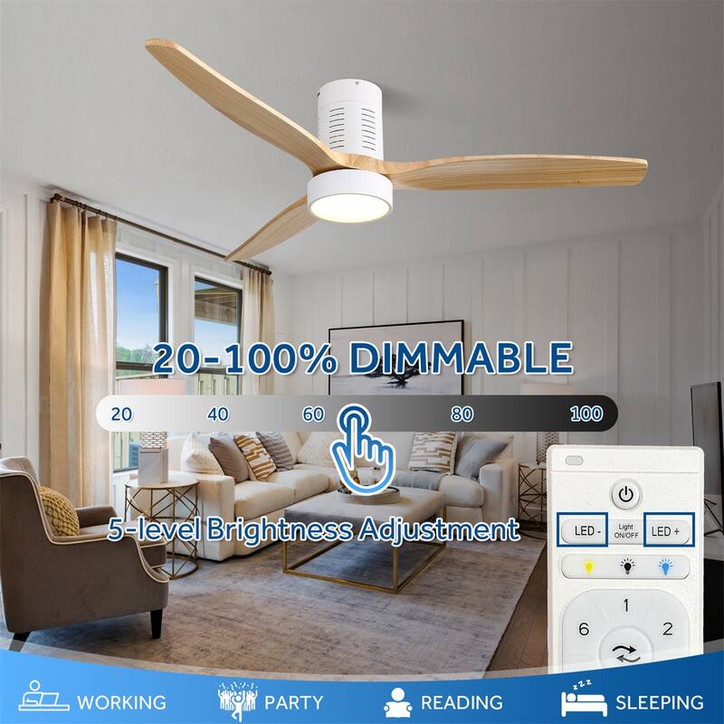 52" Flush Mount Wood Ceiling Fan with Dimmable LED Light and Remote Control