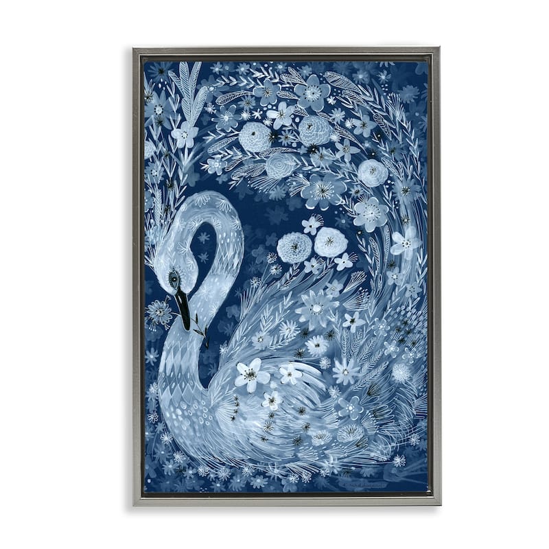 Stupell Swirling Florals Swan Framed Floater Canvas Wall Art Design By Kay Widdowson - 17 x 25 - Grey