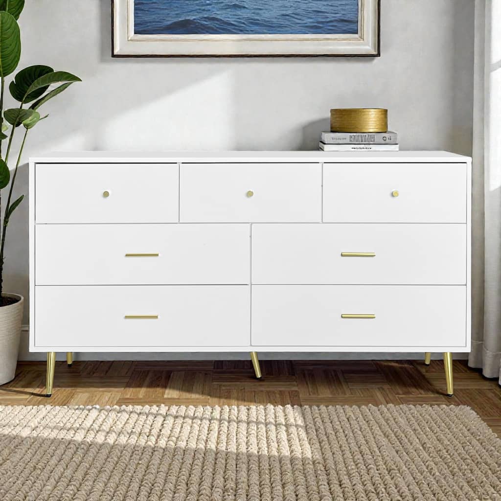 Modern 7 Drawer Dresser with Gold Handles and Legs, Large White Chest of Drawers Storage Cabinet for Bedroom