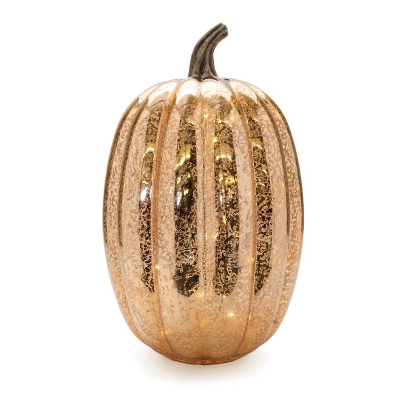 Set of 2 LED Mercury Glass Pumpkins Orange and Brown Fall Table Decor with Warm Light Glow - Orange, Brown - 9.5"/9.5"
