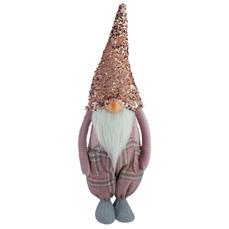 24" Pink and Gray Plaid Christmas Gnome with a Rose Gold Hat