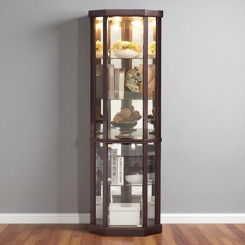 Lighted Corner Curio Cabinet with Glass Doors, Adjustable Shelves & Mirrored Back, Elegant Display Case for Wine