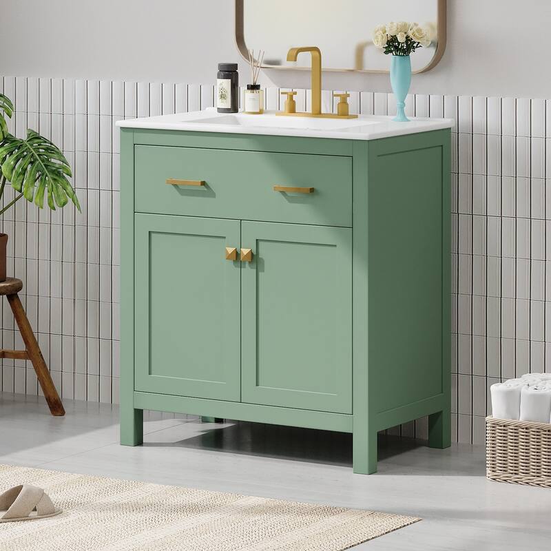 30-Inch Bathroom Vanity with Ceramic Sink, Soft-Close Doors, Shelf & Drawer - Modern Freestanding Cabinet