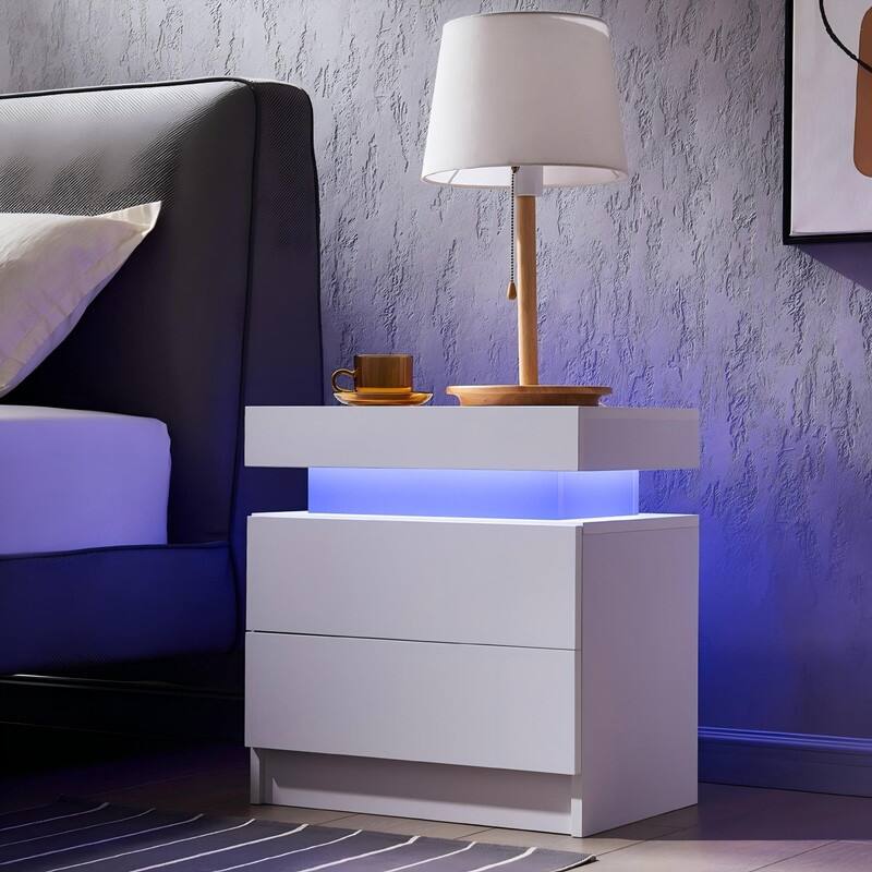 Nightstand LED Bedside Table Cabinet Lights Modern End Side with 2 Drawers for Bedroom - White