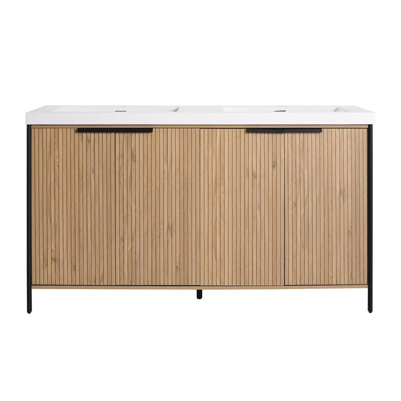 59-inch Double Sink Bathroom Vanity with Adjustable Shelves, Soft-Close Hinges, Resin Basin