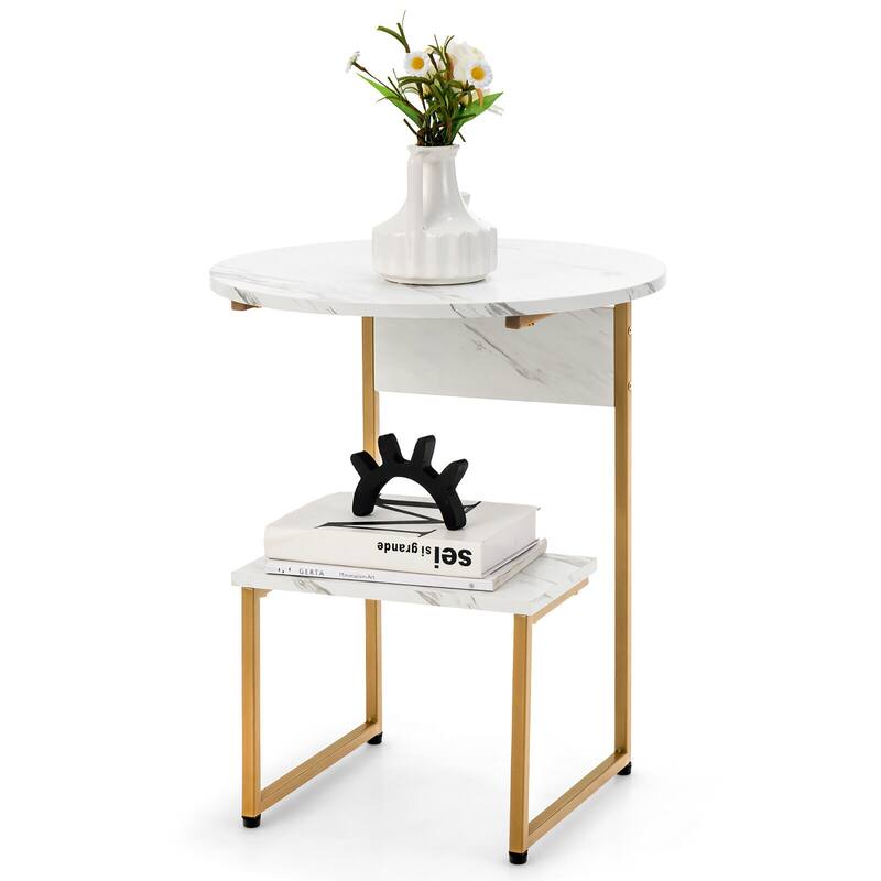 Gymax 2-Tier Side Table Nightstand End Table Coffee Table w/ G-Shaped - White - MDF