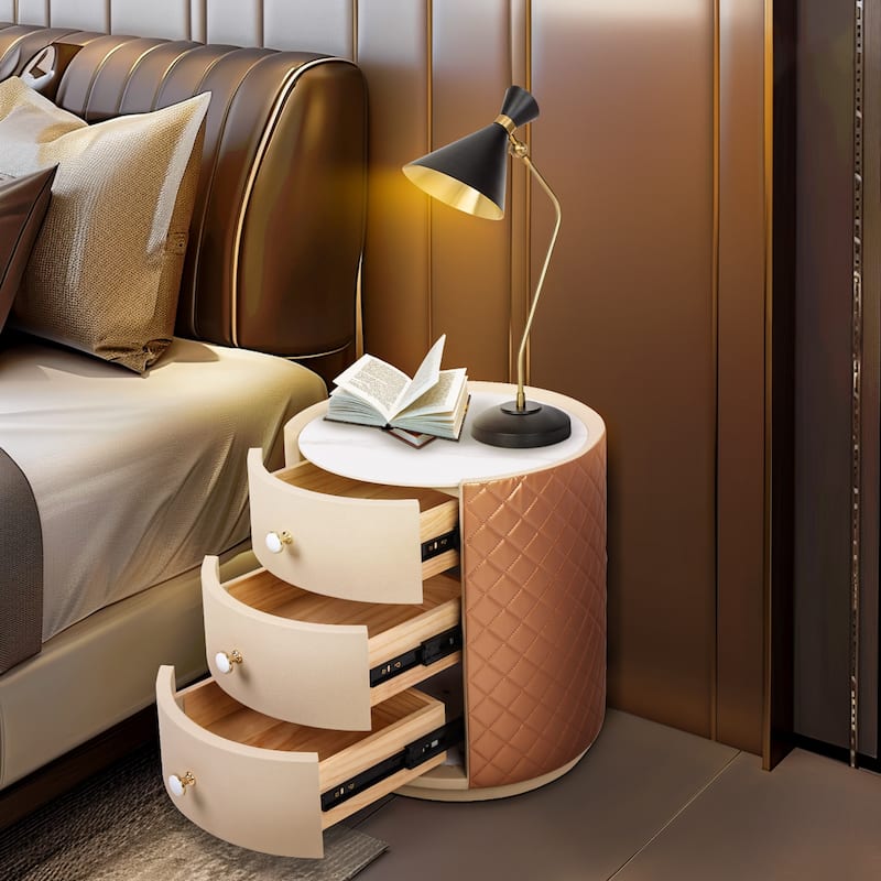 Round Bedroom Nightstand Bedside Table with 3 Drawers No Assembly Storage Unit