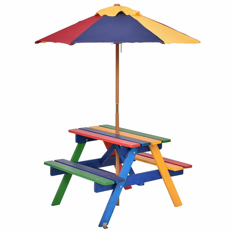 Costway 4 Seat Kids Picnic Table w/Umbrella Garden Yard Folding