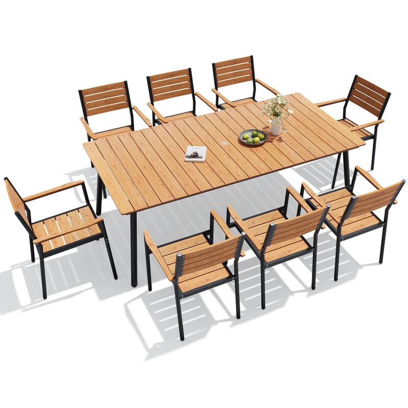 9-Piece Outdoor Patio Dining Set Wood-Like Table Top Alumium Umbrella Hole Table with Stackable Armrest Chairs