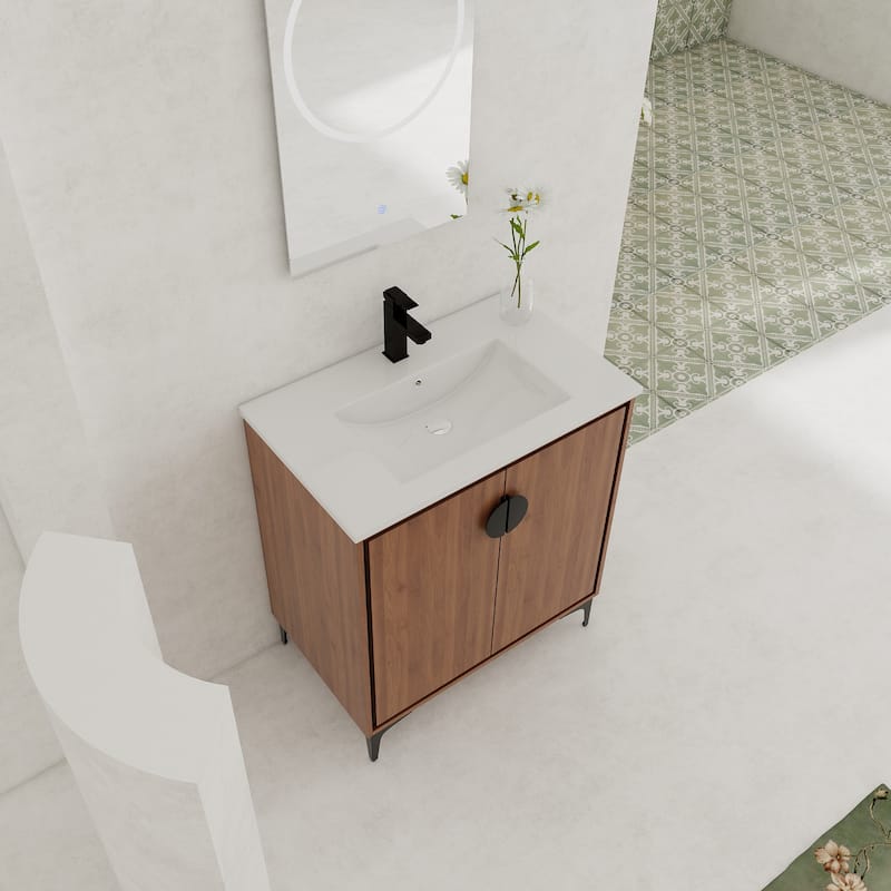 GDFStudio - Levistar Modern Freestanding Bathroom Vanity Cabinet with Ceramic Sink, Soft Close Doors & Metal Tripod - 30"