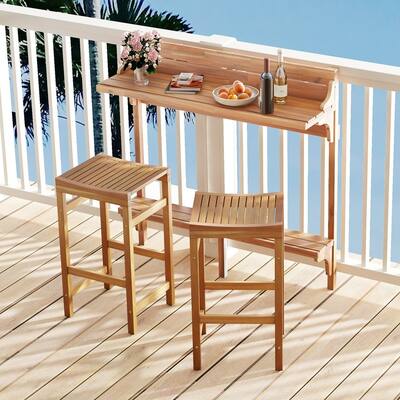 Outdoor 3-Piece Acacia Wood Bar Table Set with Footrest and Curved Seat - 48" L x 15" W x 48" H