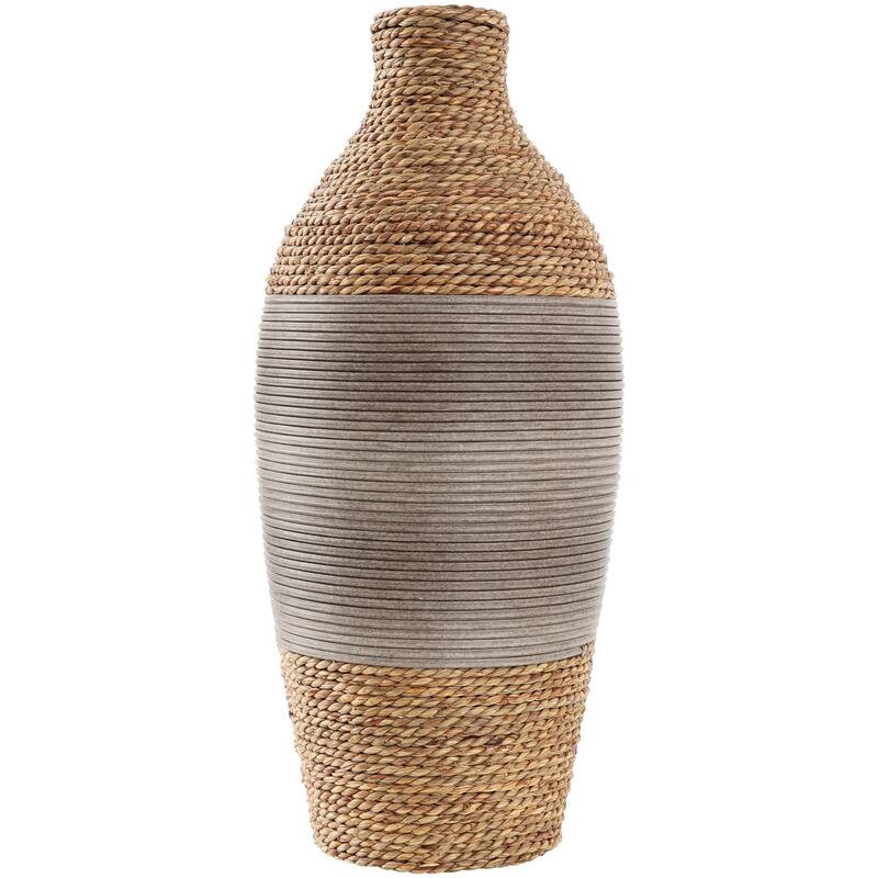 Brown Seagrass Handmade Rounded Wrapped Decorative Vase with Layered Gray Paneling