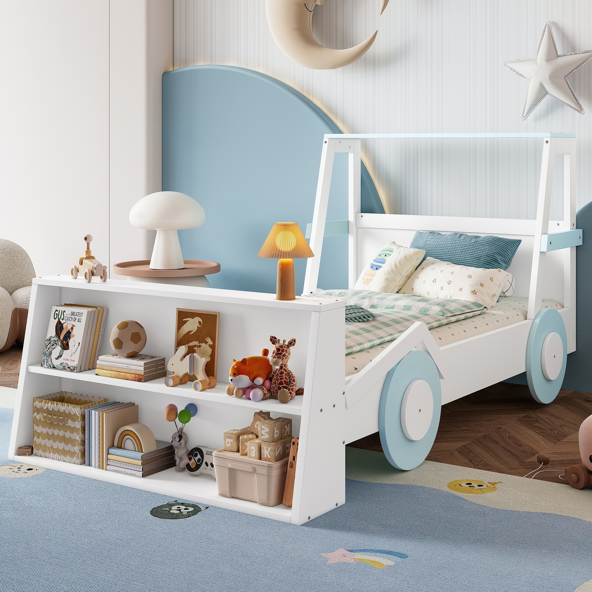 Roomfitters Twin Car Bed with Front Storage Shelf, Kids Platform Frame