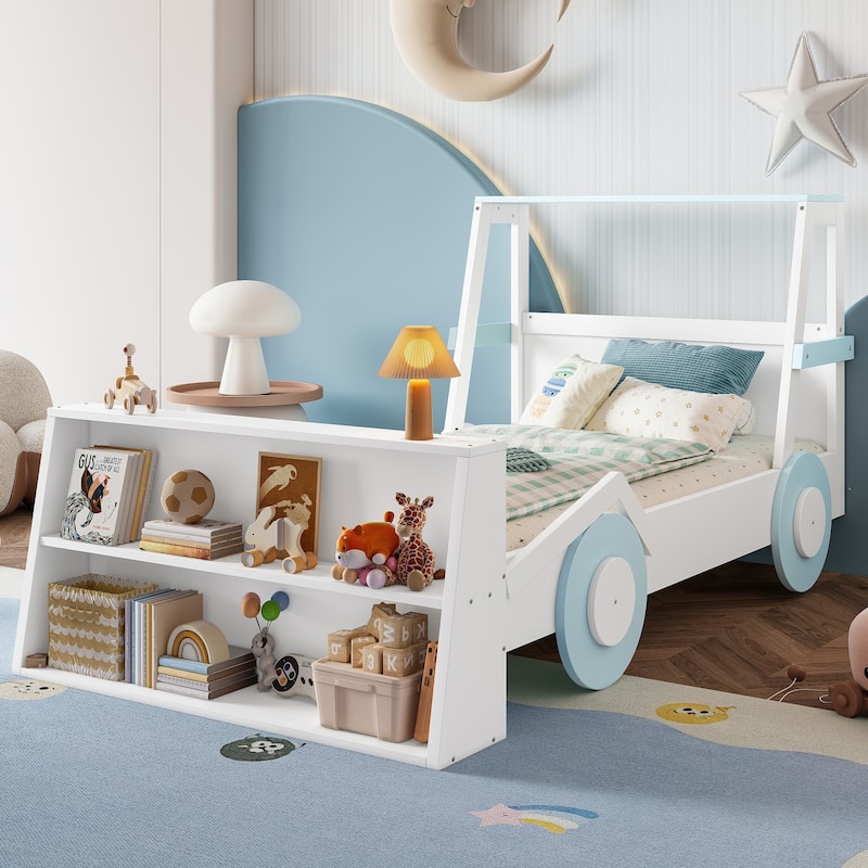 Twin Size Car Bed with Storage Shelves, Kids Platform Bed with Cute Car-shape, Childlike Design, Blue White