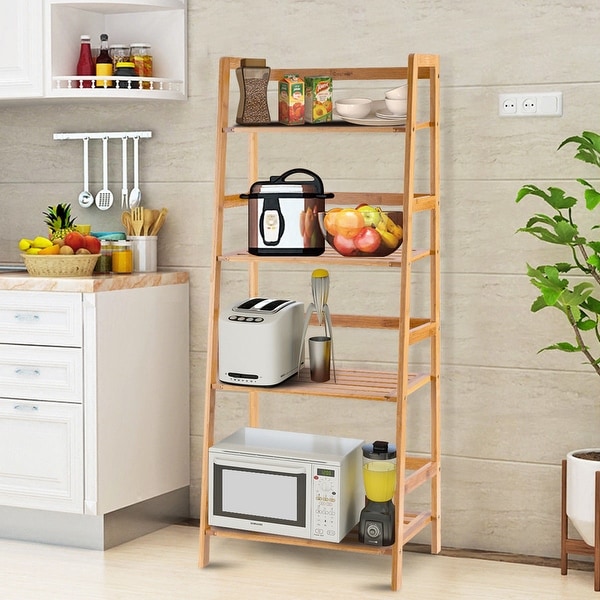 Costway Multifunctional 4 Shelf Bamboo Bookcase Ladder Plant Flower - 19''x12.5''x47.5''. Opens flyout.