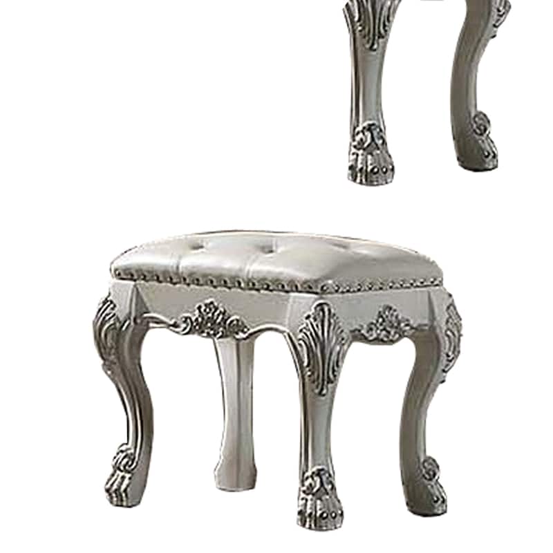 Aurora 20 Inch Carved Wood Vanity Stool, Faux Leather, Claw Feet, White
