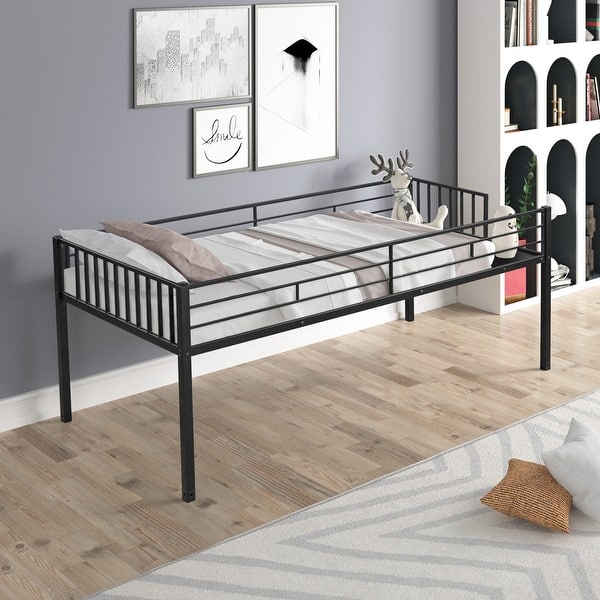 slide 2 of 17, Metal Separatable Triple Bunk Bed Full Length Guardrail with Vent Board Black+Gray