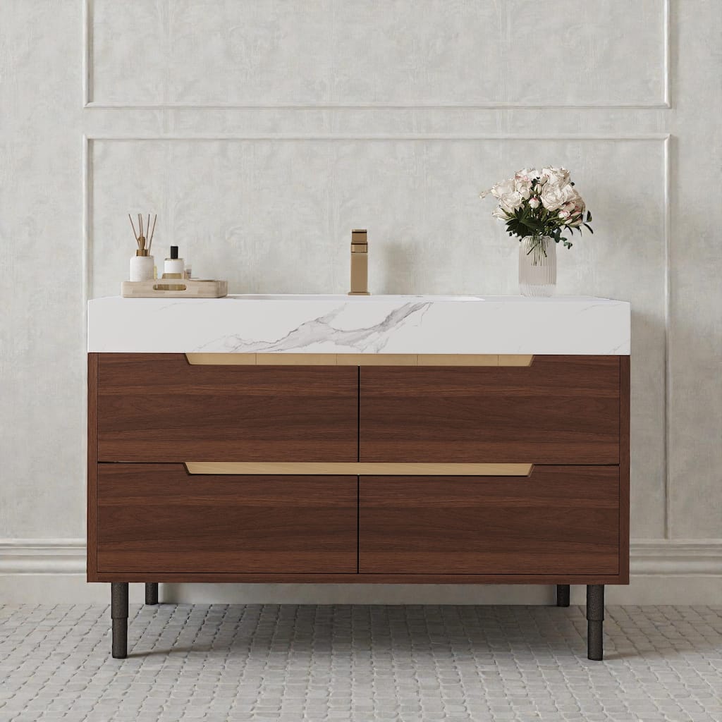 35.4" Farmhouse Bathroom Vanity with Sintered Stone Top, Undermount Sink, 4 Soft-Close Drawers, Free-Standing or Wall Mounted
