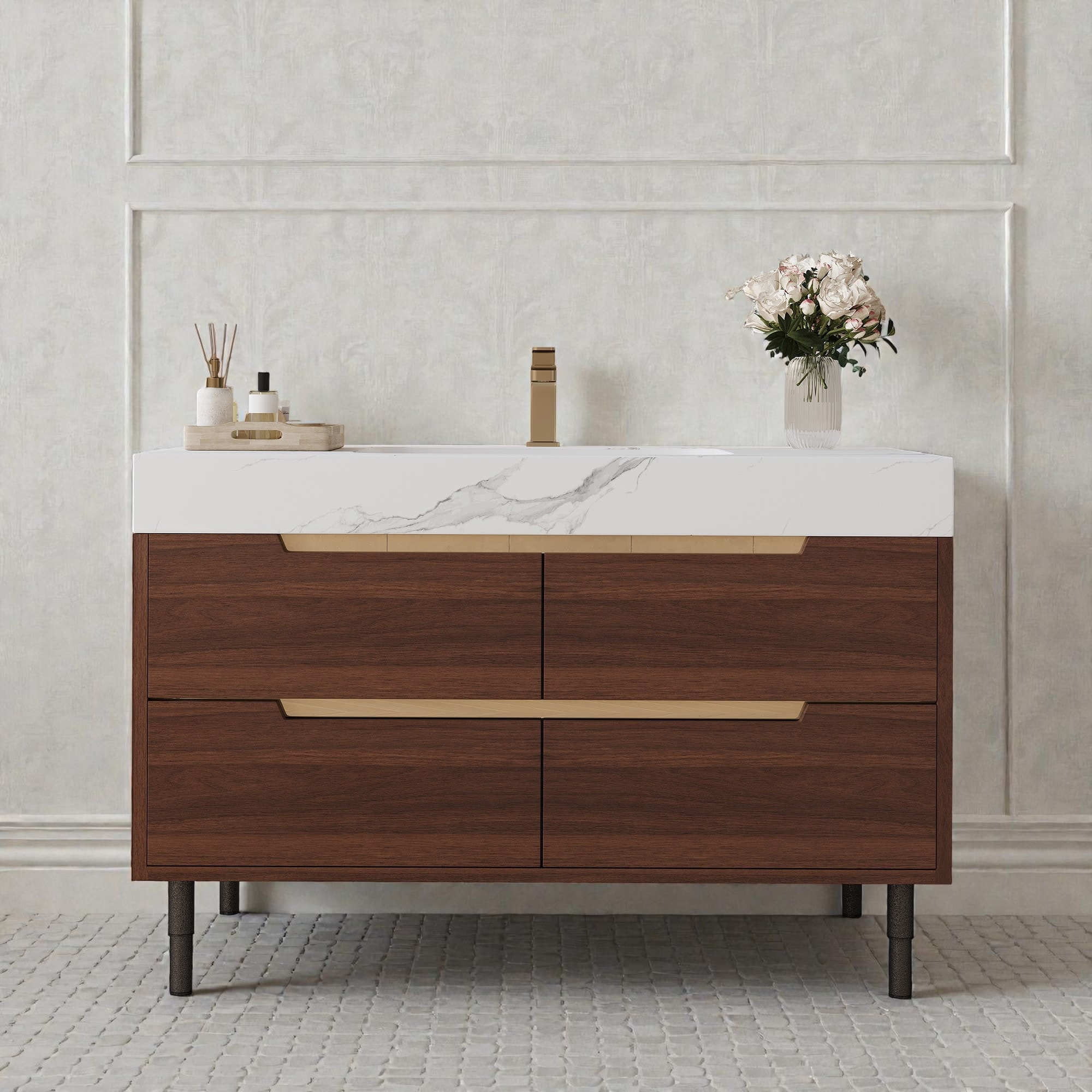 35.4" Farmhouse Bathroom Vanity with Sintered Stone Top, Undermount Sink, 4 Soft-Close Drawers, Free-Standing or Wall Mounted