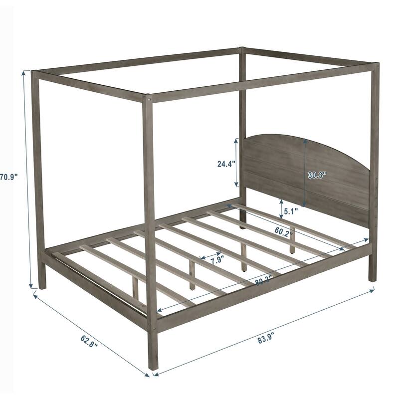 Canopy Platform Bed with Headboard, Queen/King Size, Wooden Slats, and Under-Bed Storage