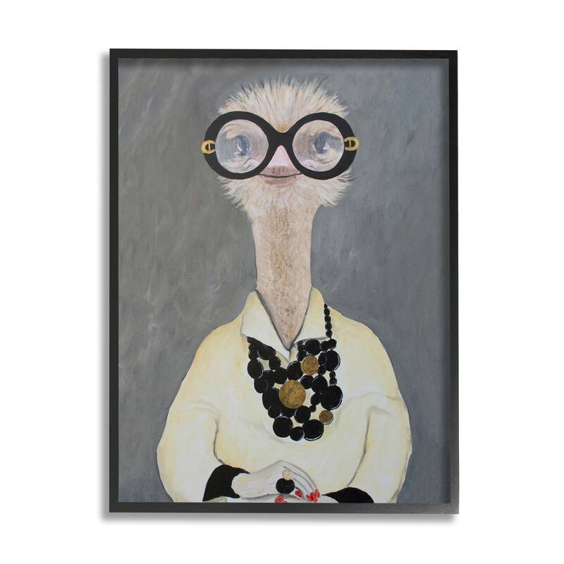Stupell Ostrich Bird Wearing Glasses Jewelry Painted Nails Framed Wall Art - Grey - 16 x 20 - Black