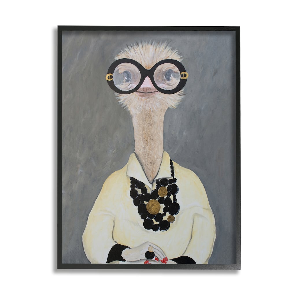 Stupell Ostrich Bird Wearing Glasses Jewelry Painted Nails Framed Wall Art - Grey