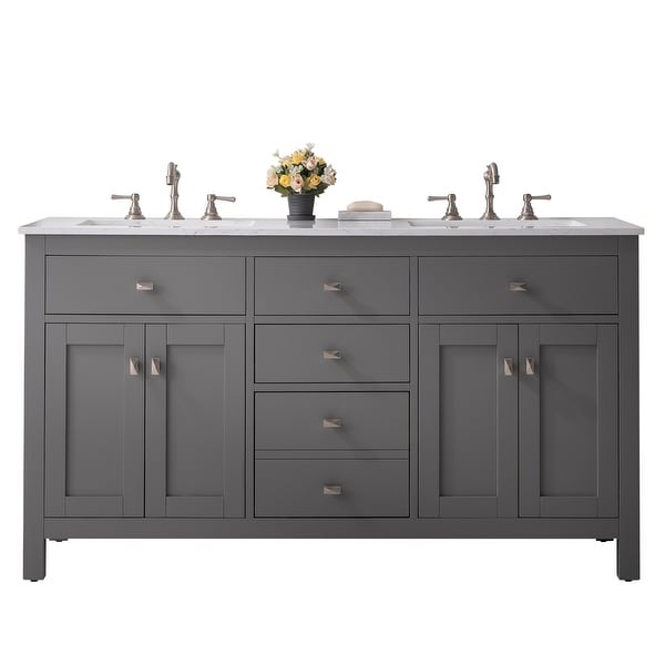 Totti Artemis 60" Gray Transitional Double Sink Bathroom Vanity w White Carrara Style Man-Made Stone Top. Opens flyout.