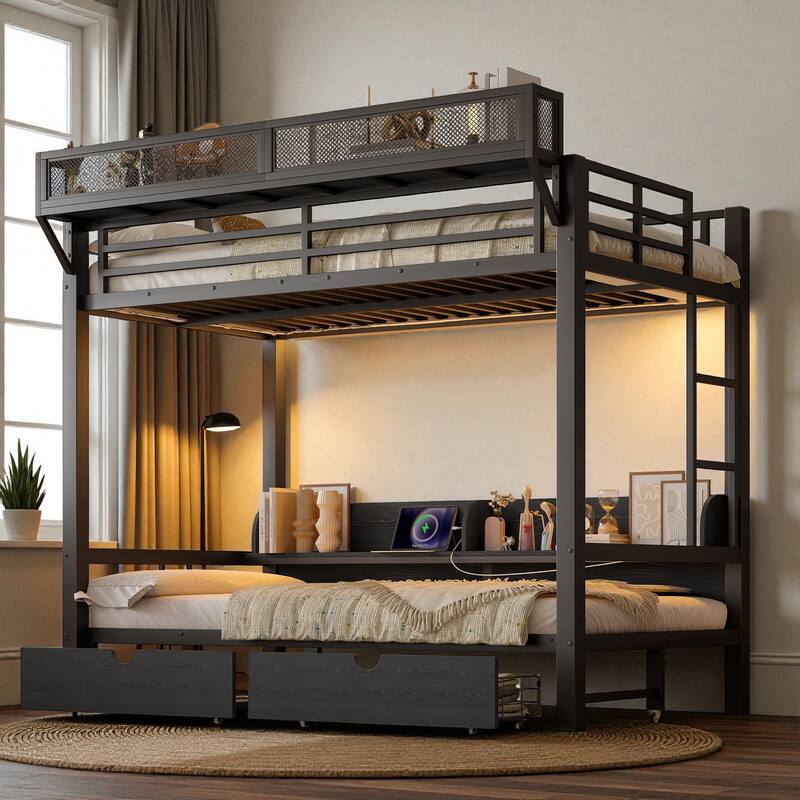 Queen over Queen/Twin XL over Twin XL Metal Bunk Bed with Storage Shelves, Drawers, USB Ports & LED Lights