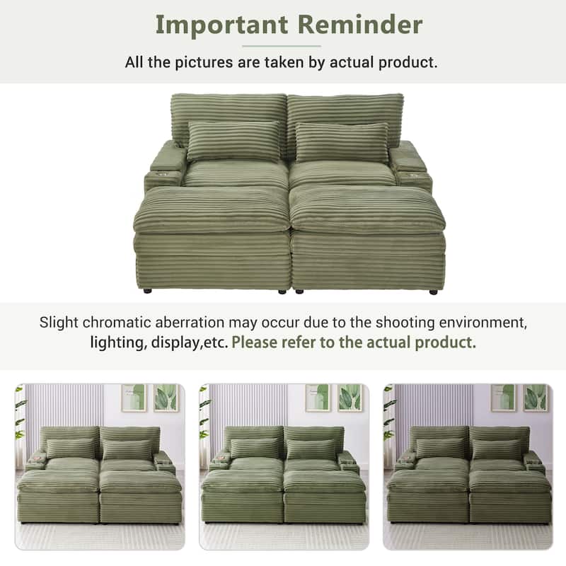 Corduroy Modular Sectional Sofa with USB Ports & Cup Holders, 2 Seat Couch Loveseat with 2 Ottomans Convertible Sleeper Sofa Bed