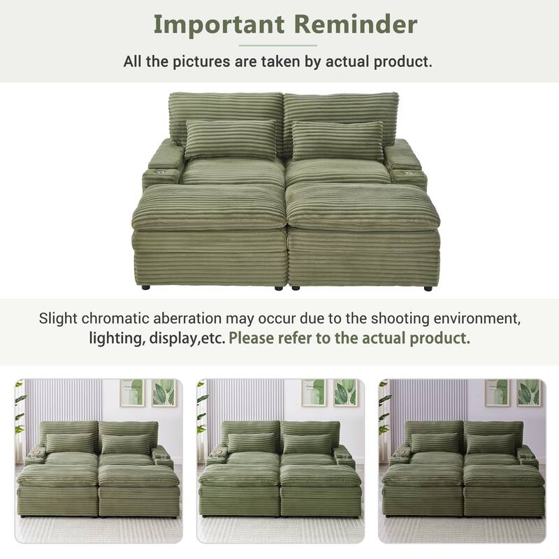 L-Shaped Corduroy Sectional Sofa w/ USB Ports & Cup Holders, 2-seater Sofa Loveseat w/ 2 Ottomans, Convertible Sleeper Sofa Bed