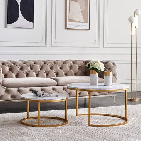 Modern Nesting coffee table,golden metal frame with marble color top-31.5"