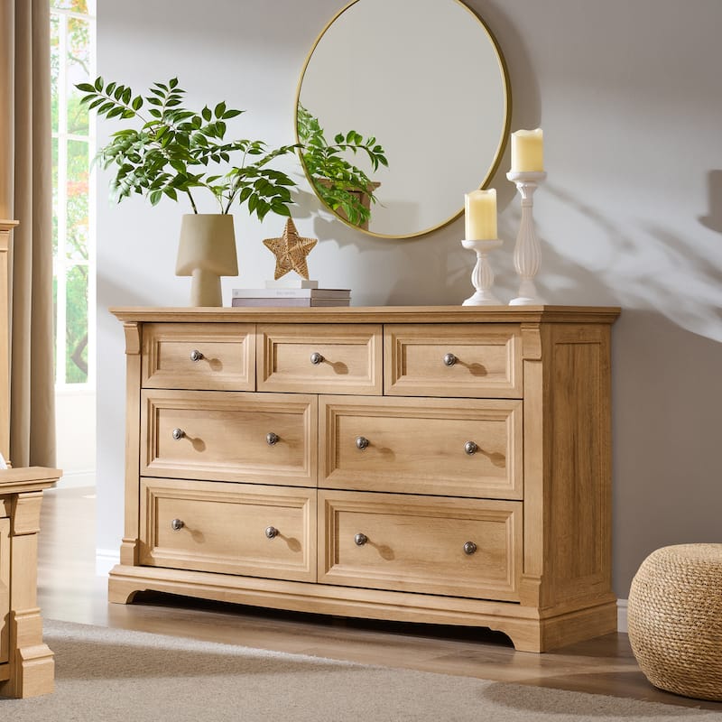 Farmhouse 7-Drawer Dresser for Bedroom, Wood Rustic Chest of Drawers - Natural Oak