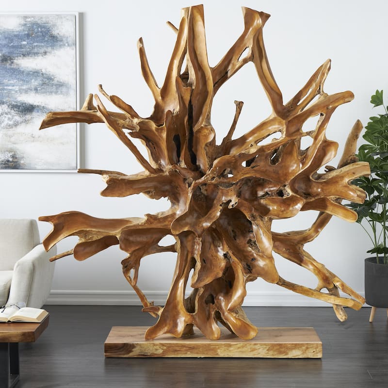 Teak Wood Abstract Handmade Large Oversized Tree Root Floor Decorative Sculpture - Brown or Light Brown - Roche River Decor