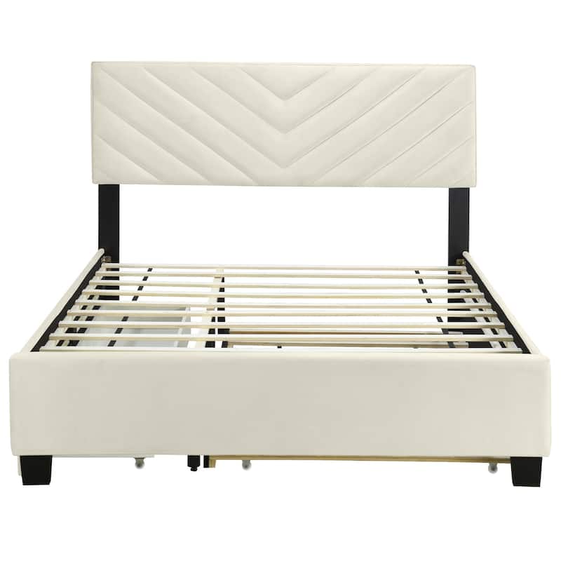 HomeRoots Beige Tufted Upholstered Queen Bed Frame With Trundle And Drawers