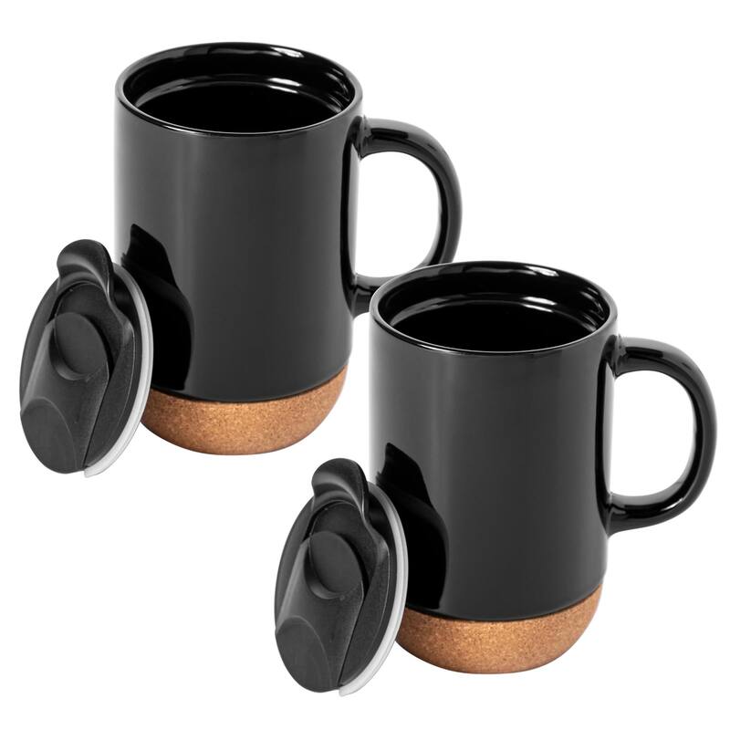 Gibson Home Modani 2 Pack Large 16.5 OZ Ceramic Mugs Set with Removable Cork Bottom and Lid - Black