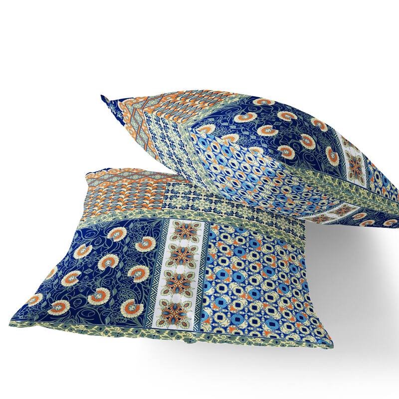 HomeRoots Set of Two 16" X 16" Blue and Orange Blown Seam Floral Indoor Outdoor Throw Pillow - 16.00' X '16.00' X '5.00