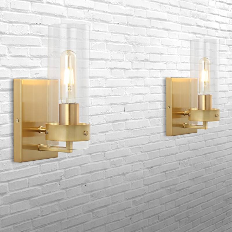 Tierra 4.5" 1-Light Coastal Minimalist Iron/Glass LED Sconce, Brass Gold/Clear (Set of 2) by JONATHAN Y