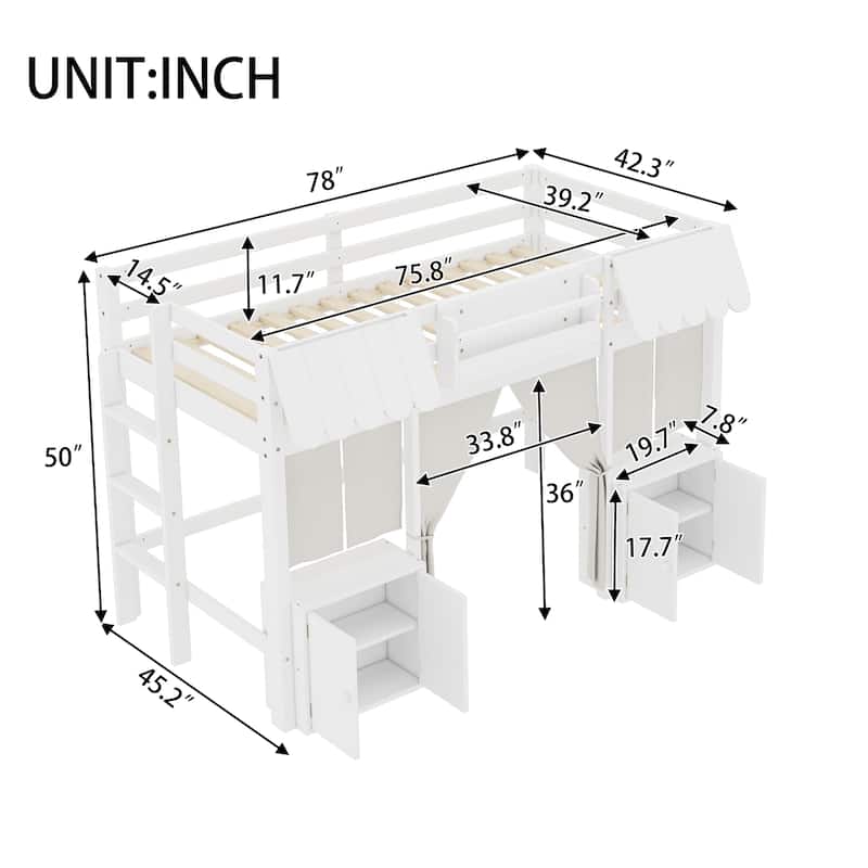 Fairy Tale Cottage Loft Bed with Tent, Bookshelf and Storage Cabinets