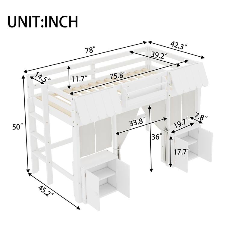 Twin Loft Bed with Built-in Bookshelf, Curtain, and Storage Shelf Amusement Park-Inspired Playful, White