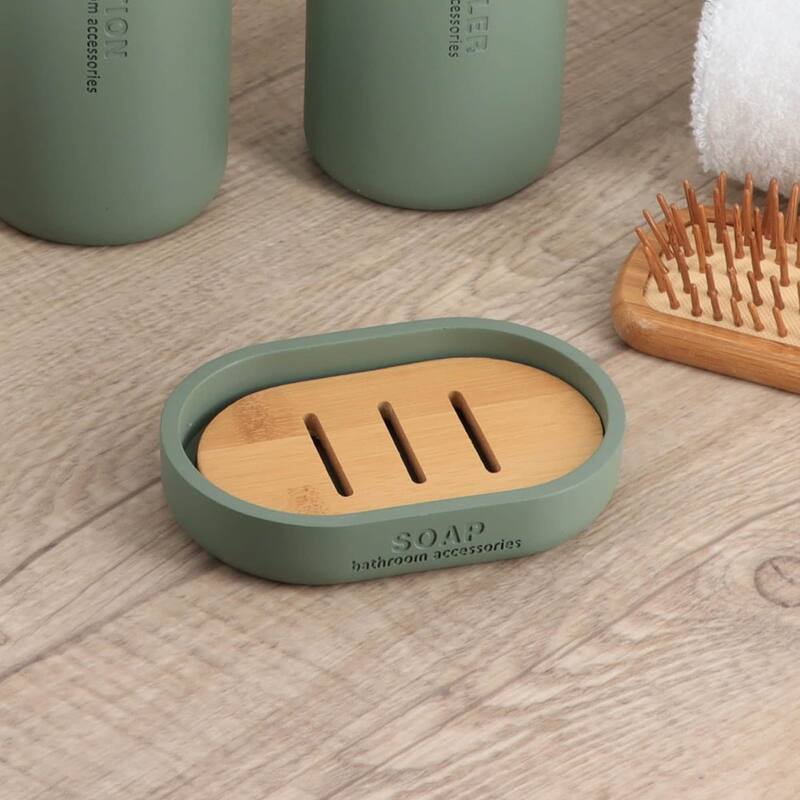 Chic Polyresin Soap Dish with Draining Bamboo Insert - 5 L x 3.4 W x 1 H - Green