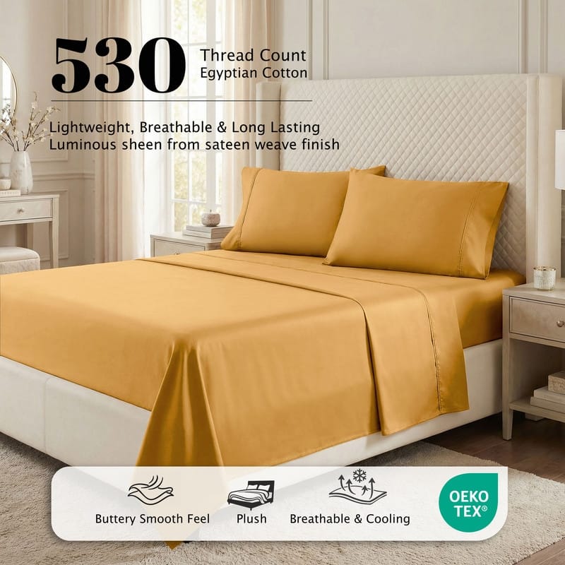 Superior Egyptian Cotton 530 TC Sheet Set Sateen Weave, Deep Pocket, Ultra‑Soft & Breathable Bedding