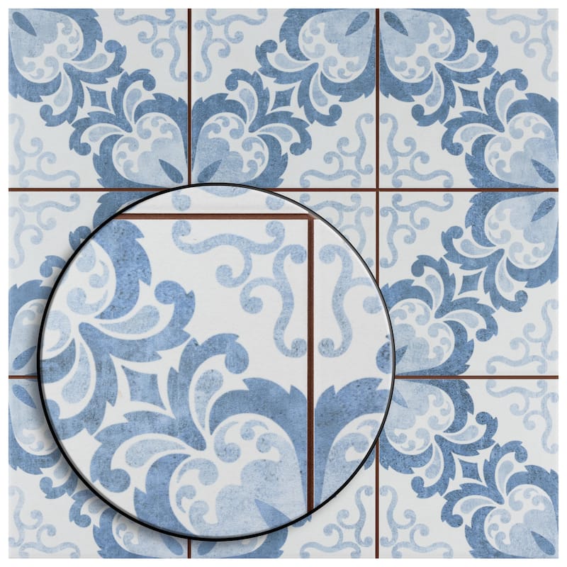 Merola Tile Harmonia Floral Lattice Blue 13" x 13" Ceramic Floor and Wall Tile