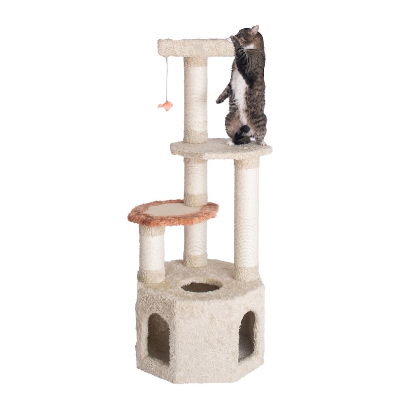 Soft Heavy-Carpet Real Wood Cat Furniture With Condo For Large Cat - KHAKI