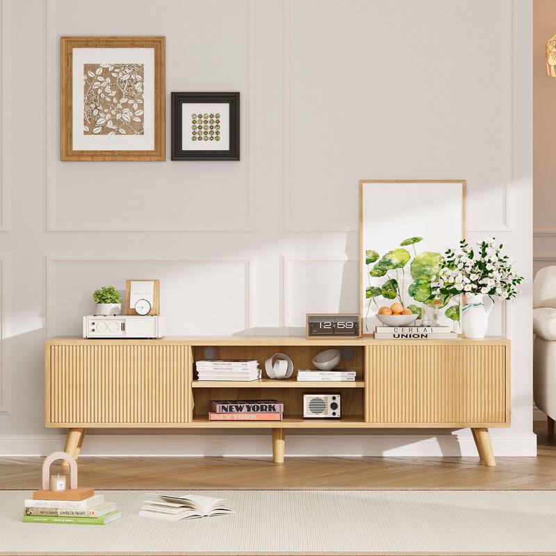 Gymojoy 63" TV Stand for TVs Up to 75 Inches, Boho Entertainment Center with Fluted Sliding Doors & Shelves. - 63"W.