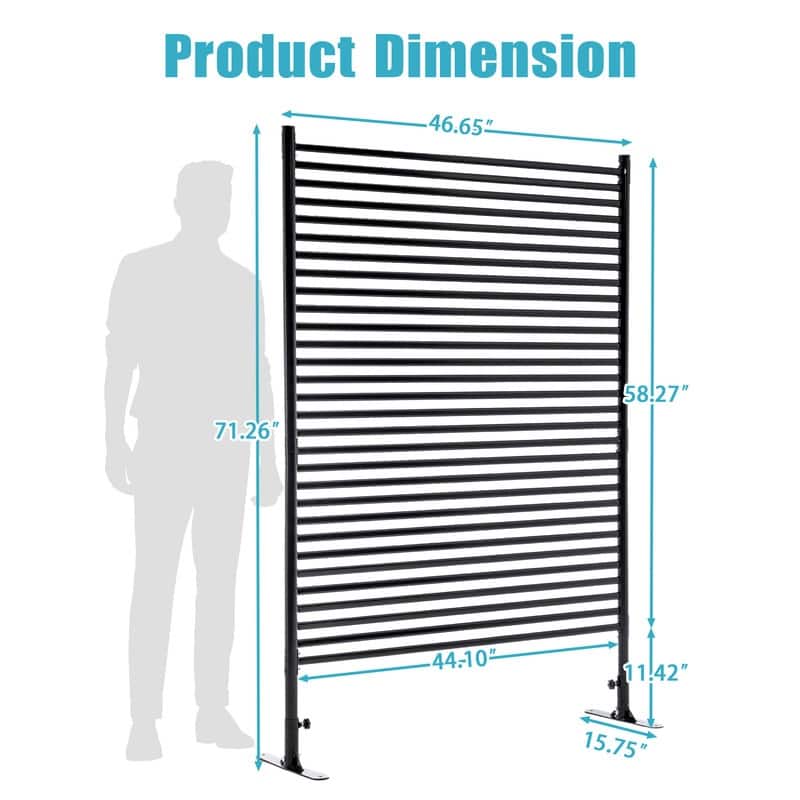 71.26''x46.65'' Outdoor Privacy Screens Freestanding, Metal Privacy Fence Panels for Outside, Slatted Design with Stand, Black