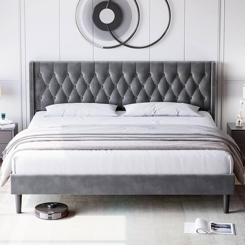 Headboard Wingback Platform Bed Frame - Grey